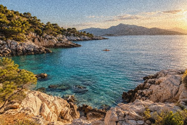 Example coastal landscape with synthetic film grain